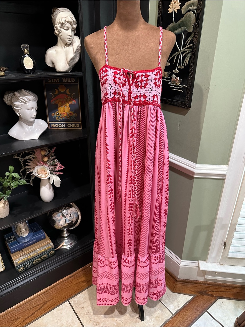 Pink Boho Crochet Bodice Maxi Dress XS Red Pink Festival Dress